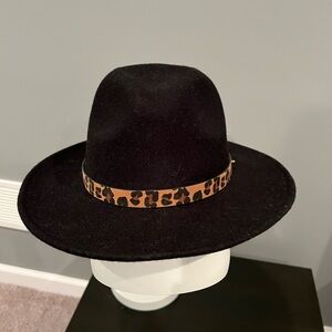 NWT LOFT Black Brim Hat with Leopard accents. Size small/medium
